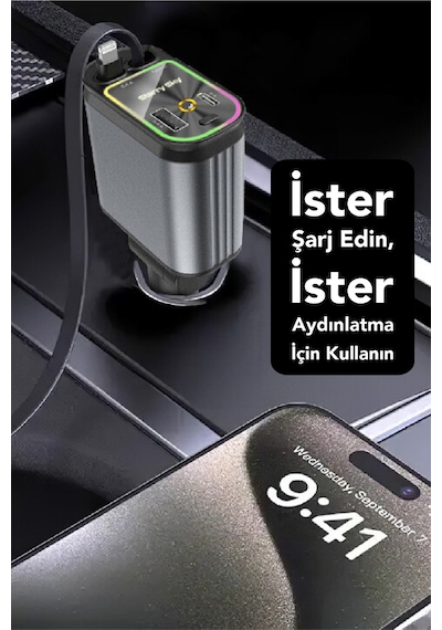 66w 4 Ü 1 Arada Starry Sky Araç Şarj Cihazı Geri Çekilebilir Type-c & Lightning Kablo, Usb-a, Pd 3.0 Hızlı Şarj, Rgb Led Yıldız Tavan Projektörü, 12v-24v Uyumlu Çoklu Şarj Adaptörü