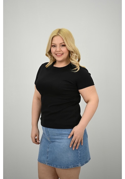 Koza Butik Kadın Büyük Beden Kısa Kollu Bisiklet Yaka Basic T-shirt 1965-25 Siyah