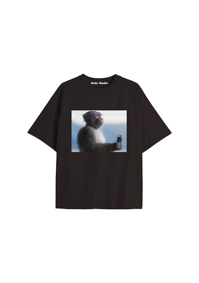 Kalic Studio Kafa Dinleyen Maymun Ünisex Oversize T-shirt Siyah