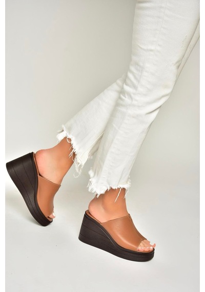 Fox Shoes P555961203 Taba Hakiki Deri Dolgu Topuklu Kadın Terlik Taba-hakiki Deri Taba