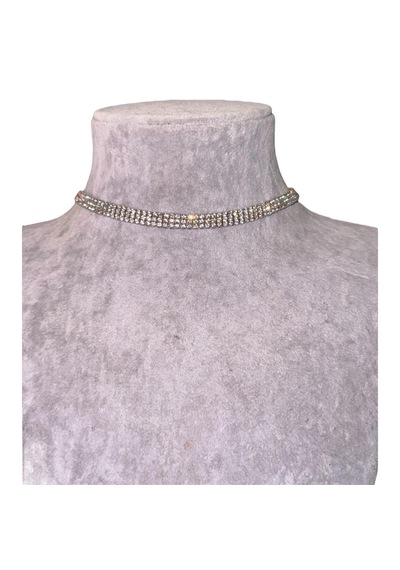 Kırmızı Sanat Evi Full Taşlı Üç Sıra Parlak Choker Kolye ve Küpe Seti Gümüş