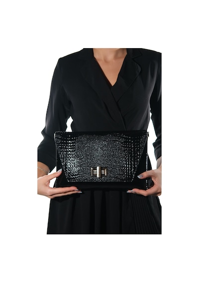 Maorı Siyah Baskı Rugan Kadın Clutch Çanta