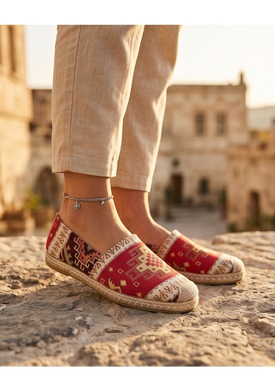 Futsishoes Vıola Kırmızı Hakiki Deri Kilim Desenli Kadın Etnik Desen Espadril Ayakkabı