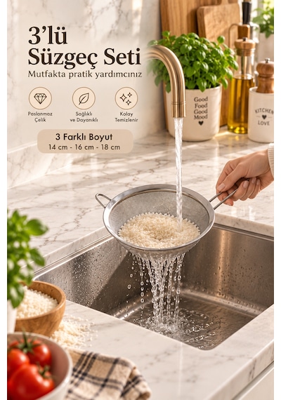 Porsima 4528 Paslanmaz Çelik 3'lü Tel Süzgeç Seti Un Eleği, Çay, Un & Unlu Mamul Süzgeci 14-16-18 Cm
