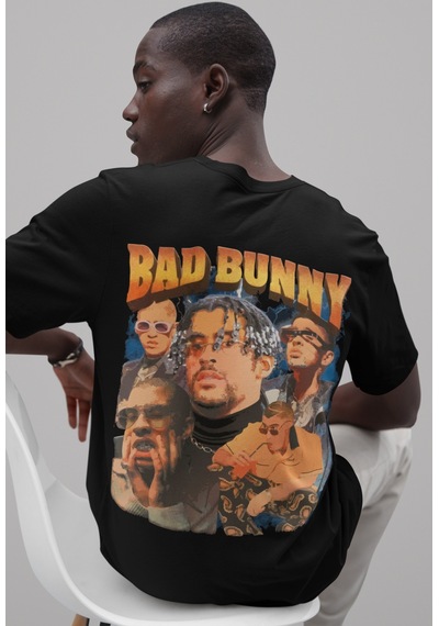 Bad Bunny Rapper Sırt Baskılı Unisex Oversize Şarkıcı Tişört Siyah