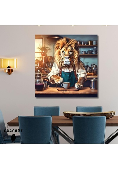Kare Kanvas Kahve Köşesi Cafe Tablosu Barista Yeleli Aslan, 40 X 40 -