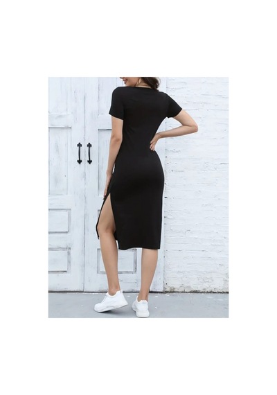 Butik İstanbul Kadın Kısa Kollu Yanı Yırtmaçlı Bisiklet Yaka Dizde Viskon Elbise Siyah