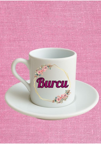 Baskıbazar Burcu İsim Yazılı Türk Kahvesi Fincanı - Beyaz Tasarım Hediye Seti