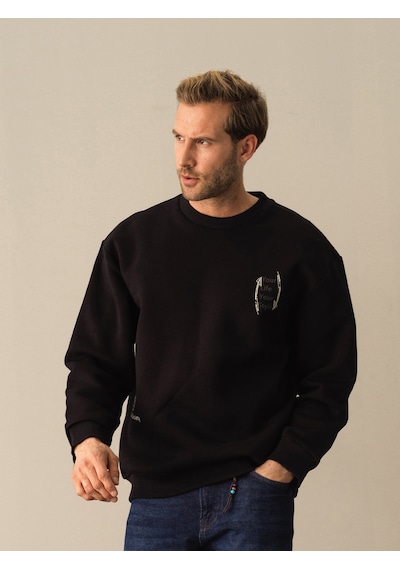 Xint Siyah Oversize Bisiklet Yaka Pamuklu Sweatshirt 300281