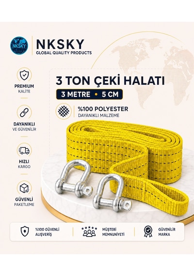 Nksky 3 Ton Araç Çekme Halatı 3 Metre 5 Cm Genişlik Güçlendirilmiş Uçlu Oto Çeki Halatı