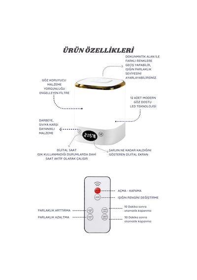 Şarjlı Led Gece Lambası Uzaktan Kumandalı Dekoratif Aydınlatma Dijital Saatli Masa Lambası Beyaz Beyaz