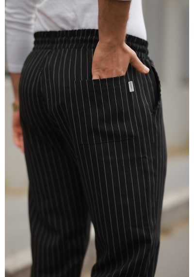 Etiler Collection Erkek Beli Bağcıklı Çizgili Pantolon Siyah