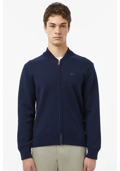 Lacoste Erkek Classic Fit Fermuarlı Kolej Yaka Pamuklu Yünlü Kalın Hırka Lacivert