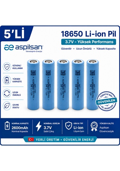 Aspilsan 18650 2600mah 3.7v Li-ion Şarjlı Pil 5'li Paket Inr18650a28  Lityum İyon Batarya Yerli Üretim