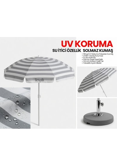 360 Dönebilen Plaj Şemsiyesi Uv Korumalı Su İtici Solmaz Kumaş 190 Gr Dokuma Polyester -gri