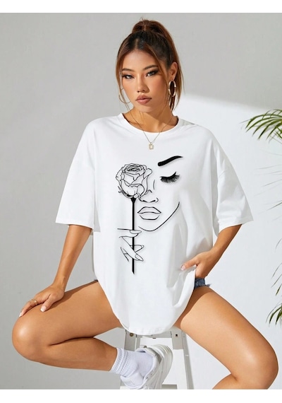 Uyguntarz Unisex Gül & Siluet Baskılı Tasarım Tshirt Beyaz