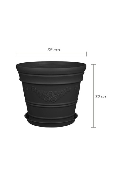 Antik Papatya Desenli Siyah Renk Saksı 21 Litre Siyah