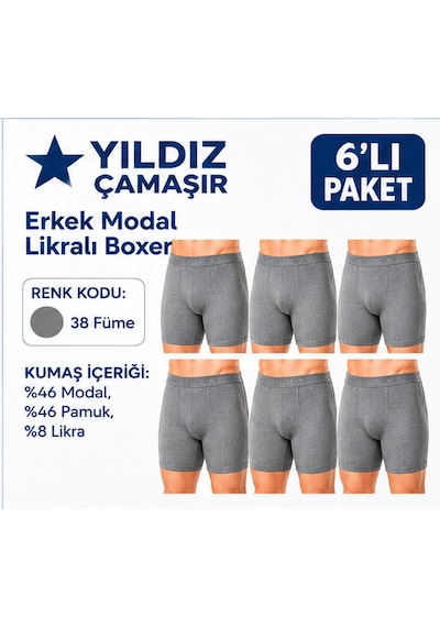 Yıldız Çamaşır Erkek Modal Likralı Boxer 36-37-38-39-40-41-42 - 6 Adet Füme