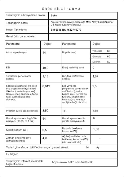 Beko BM 6046 BC 6 Programlı 14 Kişilik Bulaşık Makinesi