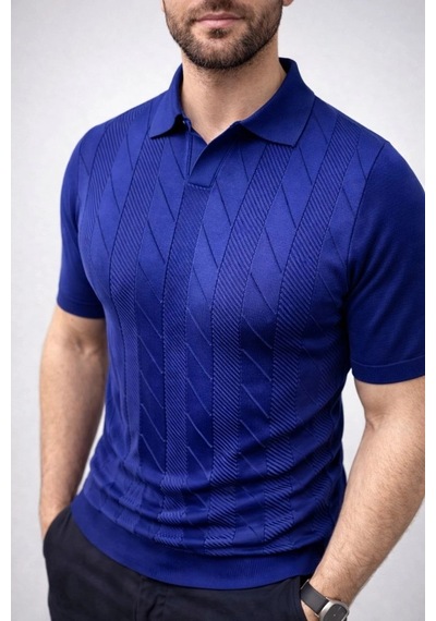 Erkek Yazlık Triko Dokuma Tişört Kısa Kol Polo Yaka T-shirt - Lacivert