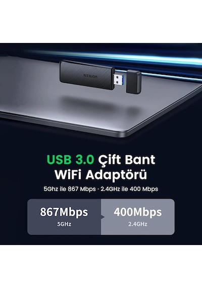 Ugreen AC1300 USB 3.0 1300Mbps 2.4/5Ghz Wi-Fi Kablosuz Alıcı Ağ Adaptörü