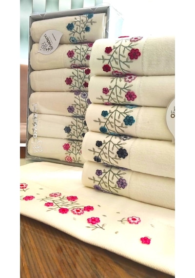 6.lı Set Annem 50x90 Cm. Özel Tafting Nakışlı Kadife Doku Çeyizlik Lüks Havlu Seti Beyaz krem