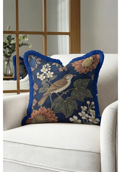 Lüks Vintage Kuş Çiçekli Saçaklı Yastık Kılıfı - Etnik Bohem Lacivert Krem Püsküllü Kırlent Kılıfı Çok Renkli