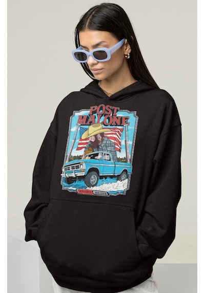 Sevbano Post Malone Rapper Baskılı Unisex Oversize Şarkıcı Hoodie Siyah