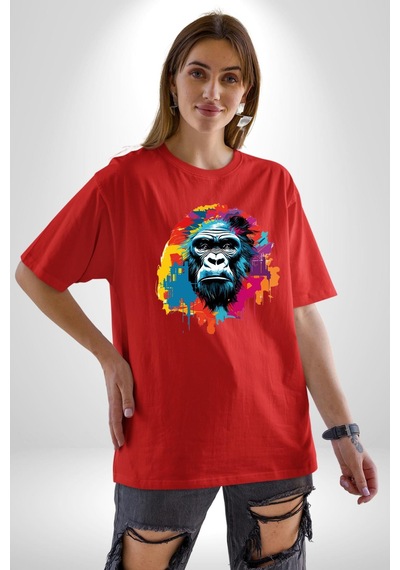 Renkli Maymun Goril Pamuklu Bisiklet Yaka Unisex Oversize Boyfriend Dijital Baskılı Kırmızı T-shirt Kırmızı