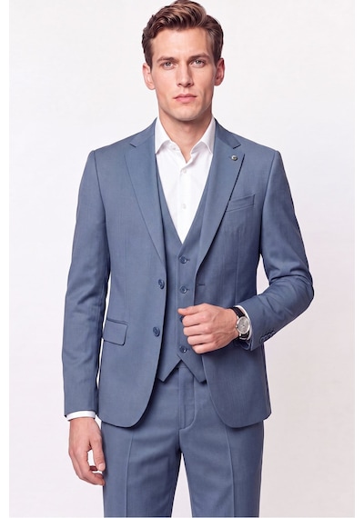 Efor Slim Fit Çift Yırtmaç %97 Yünlü Doku Desenli Esnek Mavi Yelekli Takım Elbise Tk 927
