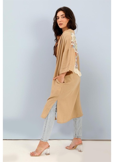 Wpr Kimono Arkası Baskılı Püsküllü Keten - Vizon-vizon Vizon