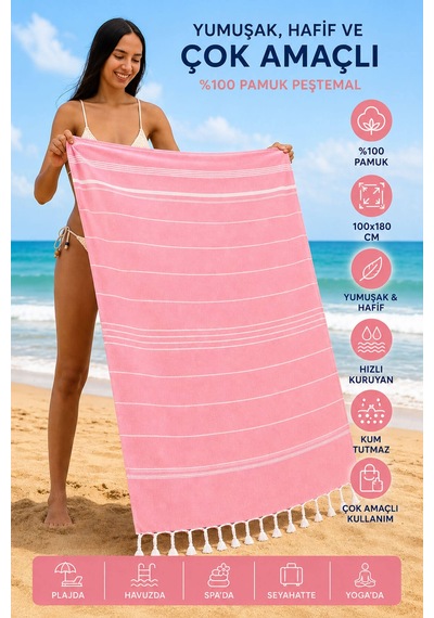 Sultan Peştemal Havlu 100 Pamuklu Deniz Plaj Banyo Peştemali 100x180 Cm Pembe