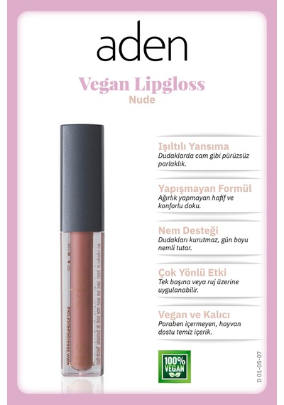 Aden Vegan Lipgloss - Vegan Dudak Parlatıcısı 07 Nude Ten 0
