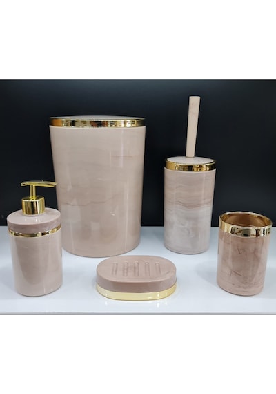 5 Parça Akrilik Yuvarlak Banyo Seti Somon Mermer Gold Kromaj Somon