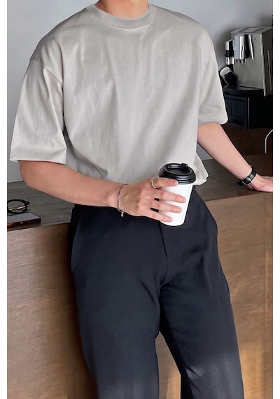 Genius Store Erkek Oversize Tişört Pamuk Kumaş Bisiklet Yaka Rahat Kalıp T-shirt Gri