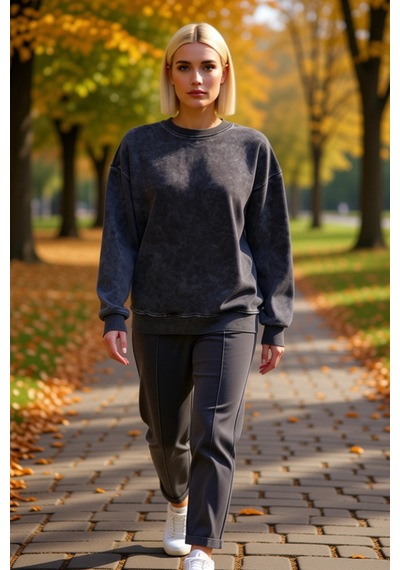 Benerly Kadın Bisiklet Yaka Düşük Kol Geniş Kalıp Sweatshirt Fonksiyonel Antrasit