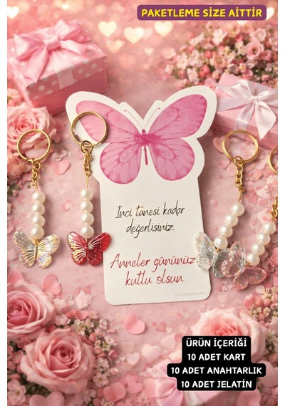 Butterfly Renkli Kelebek Anahtarlık- Anneler Günü Hediyesi - 10 Adet - Pembe Kelebek Konsept Kart Çok Renkli