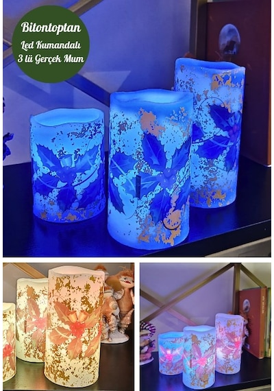 Yılbaşı Noel Temalı 3 Lü Set Led Gerçek Mum Kumandalı 9 Renk Yana Karışık