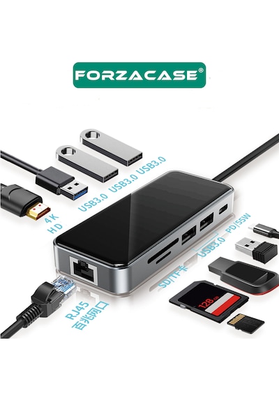 Forzacase Type-c To Hdmı 5 Usb 3.0 Rj45 Usb-c 60w Tf Ve Sd Dönüştürücü 10in1 Hub - Fc1153