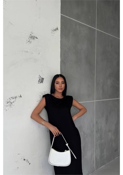 Neşeli Butik Kadın Vatkalı Yırtmaç Detaylı Modal Elbise Nbg010 Siyah