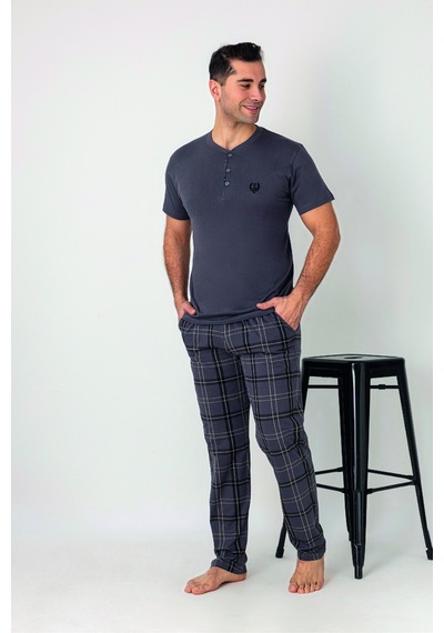 Estiva Erkek Kareli Alt Desenli Füme Kısa Kollu Patlı Penye Pijama Takımı Çok renkli