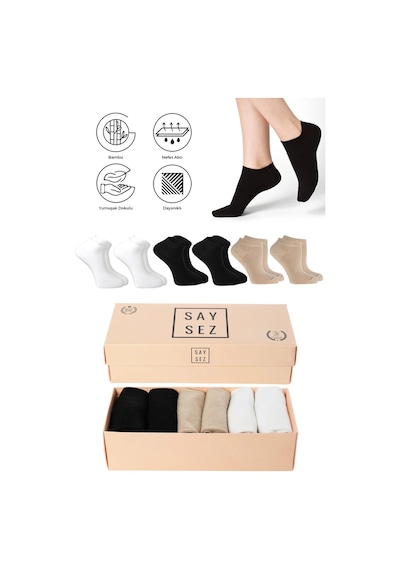 Saysez Bambu Kadın Patik Düz Siyah-beyaz-bej Çorap Dikişsiz Premium Kutulu 6'lı Paket Renkli