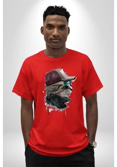 Pilot Çeketli Deri Şapkalı Cool Kedi Pamuklu Bisiklet Yaka Unisex Oversize Boyfriend Dijital Baskılı Kırmızı T-shirt Kırmızı