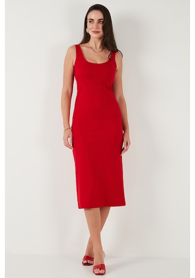 Lela Slim Fit Kalın Askılı Midi Bayan Elbise 5866154 Kırmızı