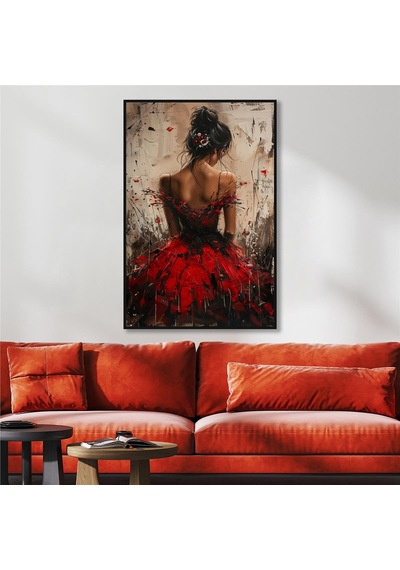 Yağlı Boya Dokulu Tablo Modern Kırmızı Elbiseli Sırtı Dönük Kadın Siyah Çerçeveli U05009-178961
