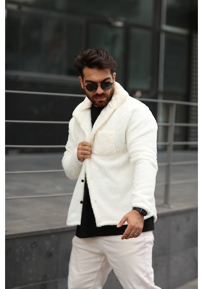 Sr Tekstil Pelüş Ceket Unisex Normal Kalıp Cep Detaylı Beyaz