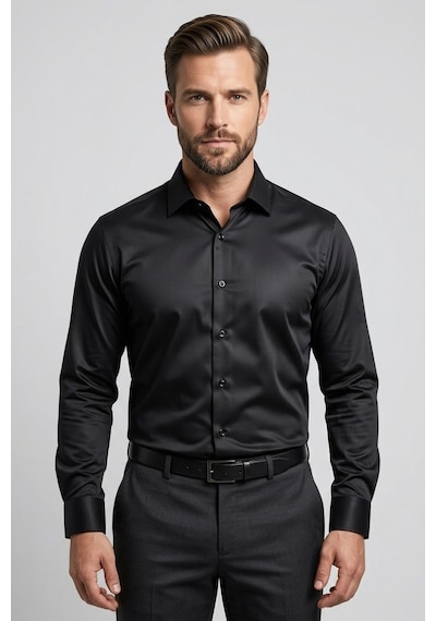Torivalli Collection Dar Kesim Slimfit Saten Kolay Ütülenebilen Mevsimlik Cepsiz Uzun Kollu Kol Düğmesi Takılabilen Erkek Gömlek Siyah