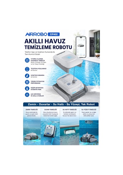 Cp402 Kablosuz Akülü Havuz Temizleme Robotu 4 Alan-zemin, Duvar, Su Hattı, Su Yüzeyi