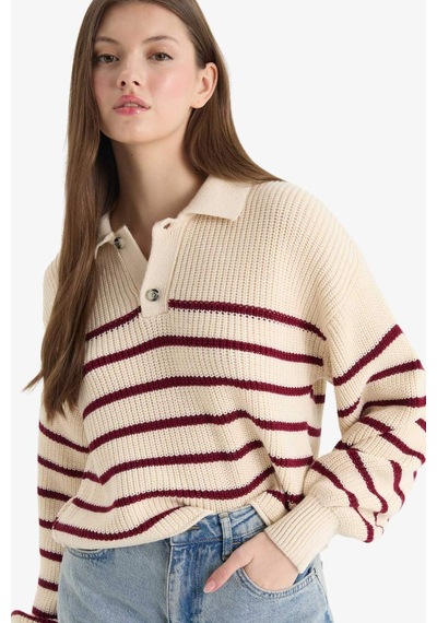 Defacto Coool Relax Fit Polo Yaka Düğmeli Çizgili Triko Kazak C4918ax25wnbg647 Bej