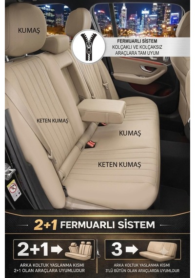 Perfetto Serisi Lüks Keten Üniversal Oto Koltuk Kılıfı - 5 Koltuk Tam Set Bej